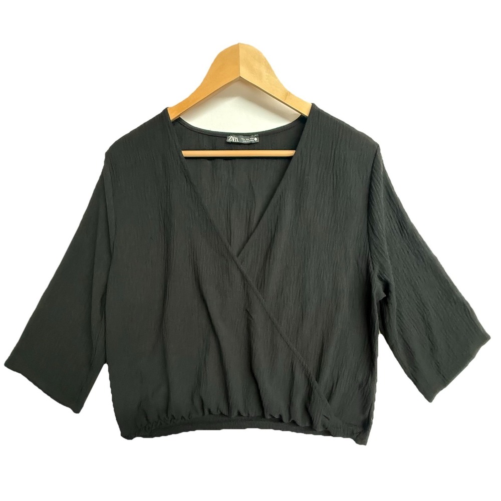 Zara Women's Top L Black Cropped Wrap Textured Blouse Elastic Hem